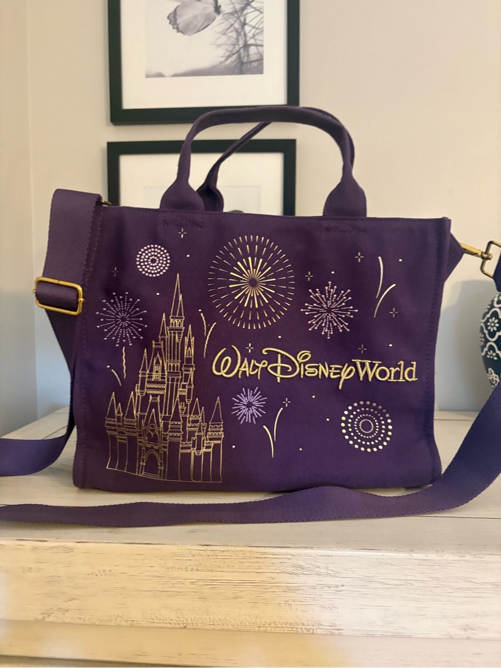 Disney Parks Cinderella Purple Crossbody Tote with Gold Castle & Fireworks
